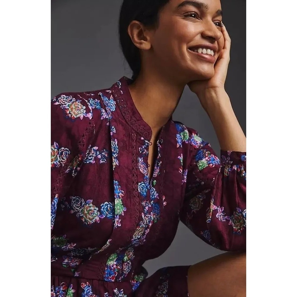 BY ANTHROPOLOGIE Mini Tunic Long Sleeve Dress Floral Lace Trims Purple X-Small - Picture 6 of 15